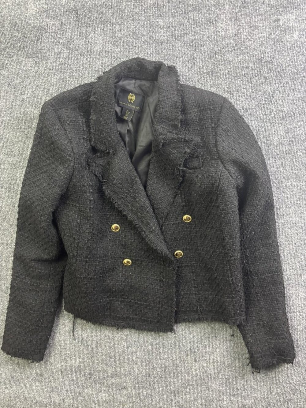 House Of Harlow 1960 Blazer Womens Large Black Tweed Double Breasted Fringe